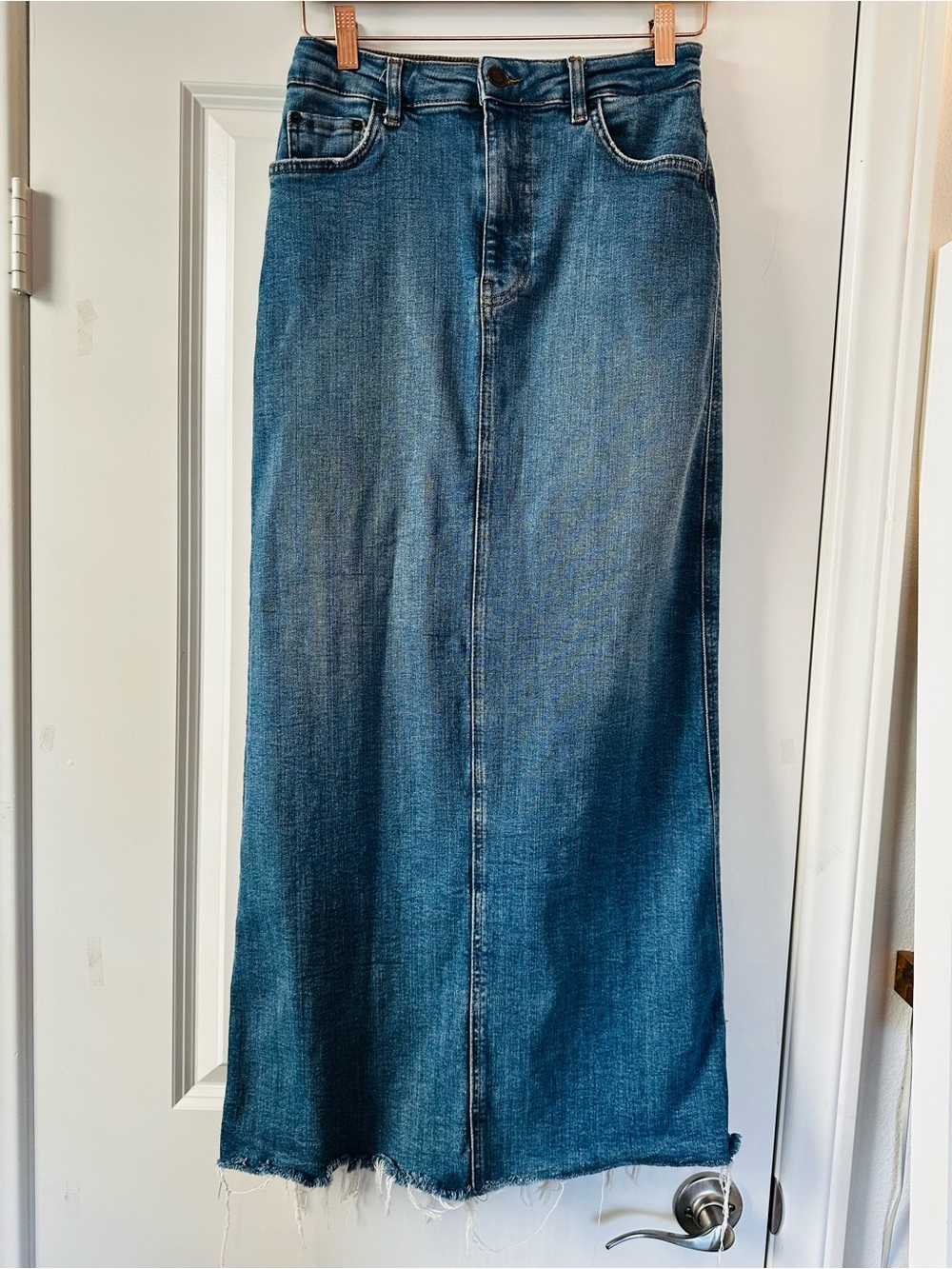 Zara Blue Denim Maxi Skirt with Frayed Hem